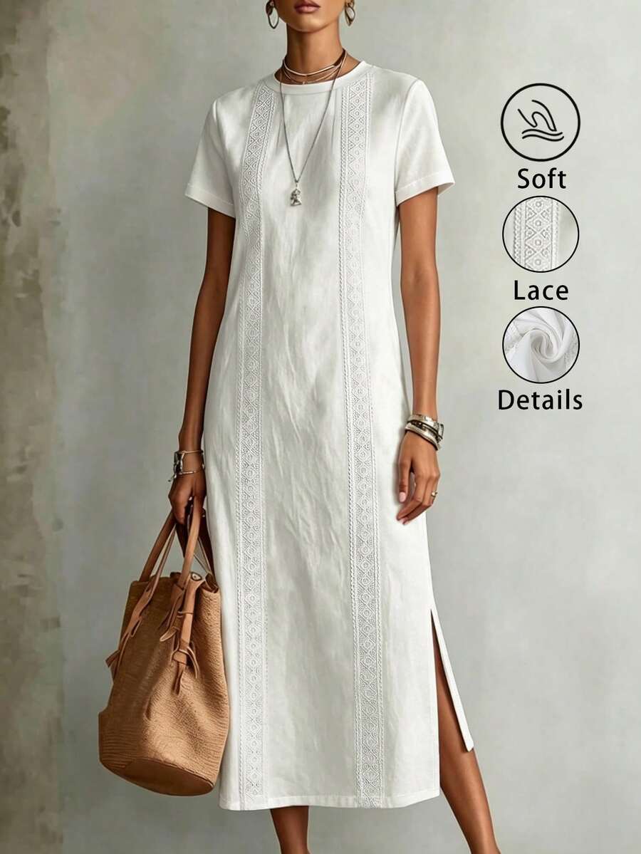 EMERY ROSE Women's Vintage Comfortable Lace Minimalist Round Neck Short Sleeve Dress, Casual Relaxed Bohemian Style For Holiday - White - View 1