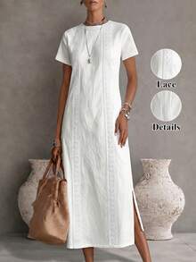 EMERY ROSE Women's Vintage Comfortable Lace Minimalist Round Neck Short Sleeve Dress, Casual Relaxed Bohemian Style For Holiday - White - View 5