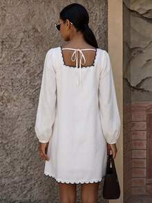 Cévolie Women's French Minimalist Casual Embroidered Lace Trim Dress - White - View 2