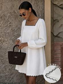 Cévolie Women's French Minimalist Casual Embroidered Lace Trim Dress - White - View 4