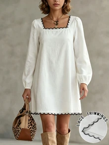 Cévolie Women's French Minimalist Casual Embroidered Lace Trim Dress - White - View 3