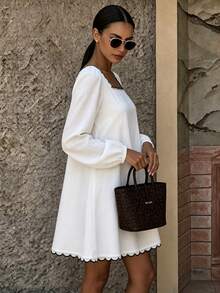 Cévolie Women's French Minimalist Casual Embroidered Lace Trim Dress - White - View 6