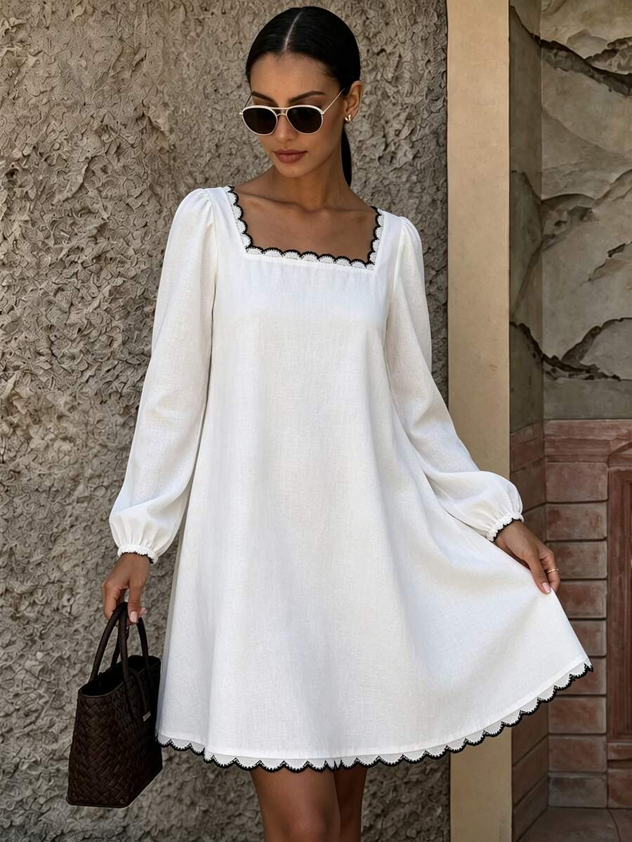 Cévolie Women's French Minimalist Casual Embroidered Lace Trim Dress - White - View 1
