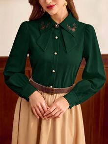 Vintamour Blus Lengan Panjang Wanita dengan Hiasan Pita dan Kerah Bordir - Dark Green - View 2