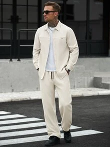 Manfinity Homme Men's Shirt Set, Beige Corduroy Long Sleeve Shirt + Corduroy Long Pants, Casual Daily Commute Outfit - Beige - View 1