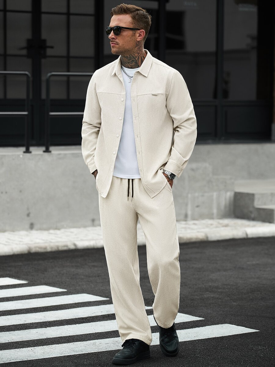 Manfinity Homme Men's Shirt Set, Beige Corduroy Long Sleeve Shirt + Corduroy Long Pants, Casual Daily Commute Outfit - Beige - View 1