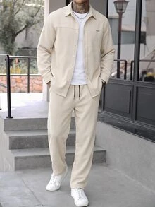 Manfinity Homme Men's Shirt Set, Beige Corduroy Long Sleeve Shirt + Corduroy Long Pants, Casual Daily Commute Outfit - Beige - View 6