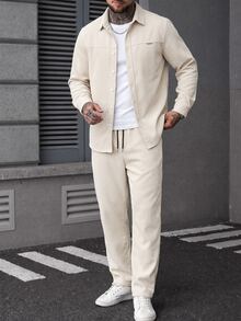 Manfinity Homme Men's Shirt Set, Beige Corduroy Long Sleeve Shirt + Corduroy Long Pants, Casual Daily Commute Outfit - Beige - View 4