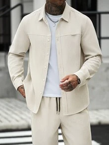 Manfinity Homme Men's Shirt Set, Beige Corduroy Long Sleeve Shirt + Corduroy Long Pants, Casual Daily Commute Outfit - Beige - View 5