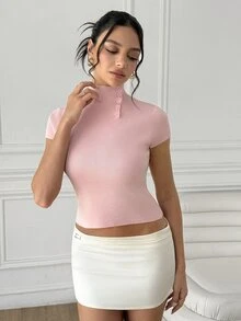 SHEIN Sweater Rajut Lengan Pendek Warna Beige untuk Wanita dengan Kerah Tegak dan Kancing Samping, Gaya Komuter Minimalis, Atasan Dalaman Musim Gugur/Dingin, Cocok untuk Kerja, Kencan, dan Pakaian Sehari-hari - Berwarna merah muda - View 4