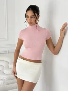 SHEIN Sweater Rajut Lengan Pendek Warna Beige untuk Wanita dengan Kerah Tegak dan Kancing Samping, Gaya Komuter Minimalis, Atasan Dalaman Musim Gugur/Dingin, Cocok untuk Kerja, Kencan, dan Pakaian Sehari-hari - Berwarna merah muda - View 5