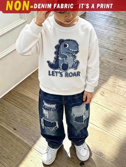 2pcs/Set Young Boy Crew Neck Sweatshirt And Sweatpants Outfit, Cute Puppy Print Pattern, Suitable For 5-15°C, Holiday Party, Casual Wear, Spring/Autumn/Winter, Comfortable And Easy To Wear, Fashion Casual Outfit For Boys