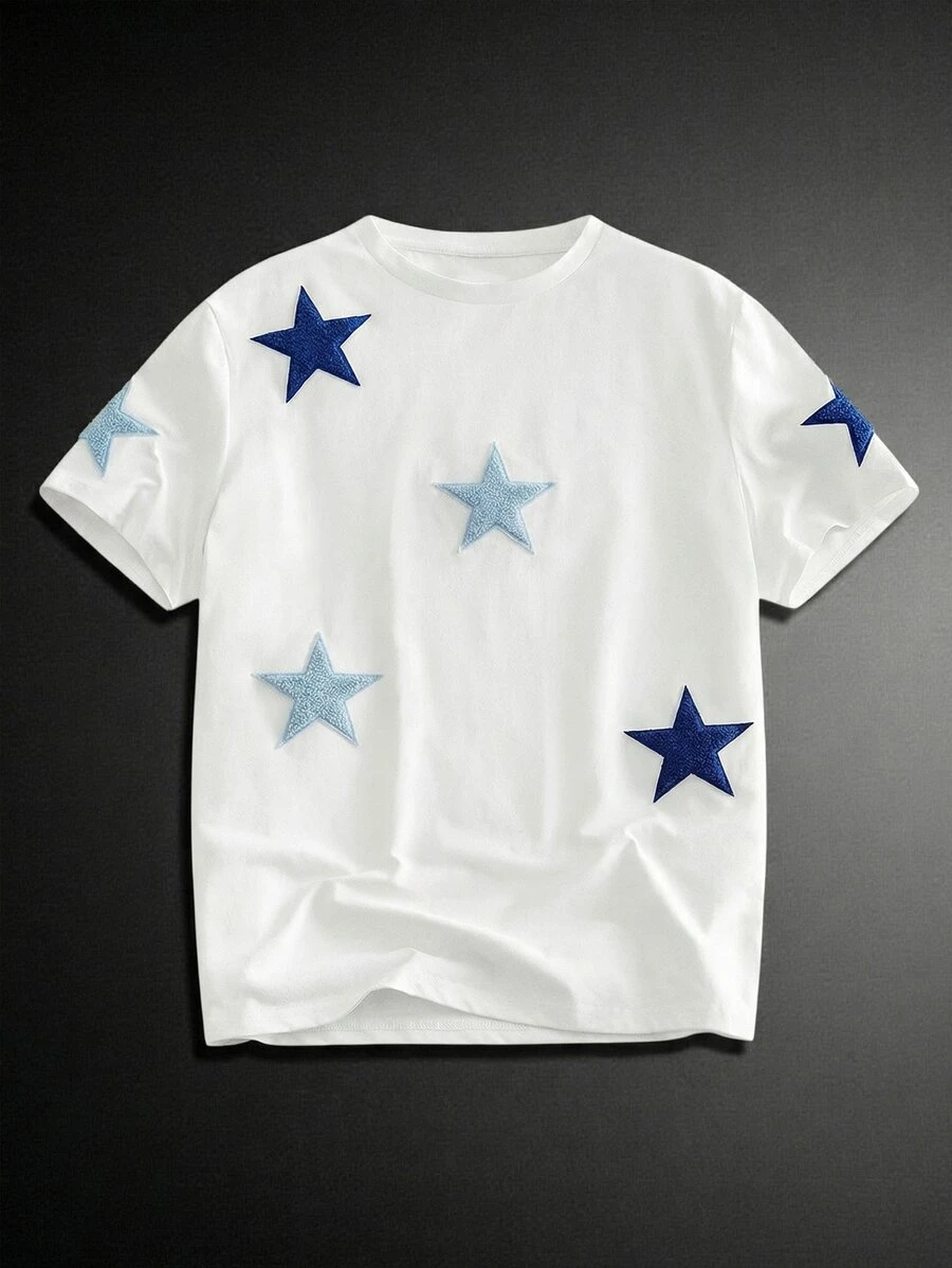GETOML Men's Modern Casual White Short Sleeve Round Neck T-Shirt, Star Pattern, Summer Street Wear, City Break Polyester Graphic Tee, Football
