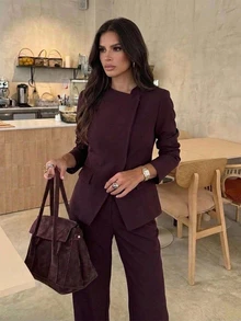 Firerie Women's Asymmetric Lapel Waist-Cinching Blazer Jacket, High-End Slim Fit Professional Commuter Suit Top - Red Violet - View 3