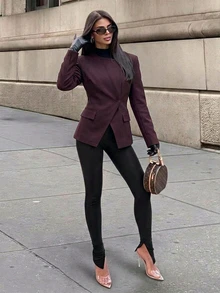 Firerie Women's Asymmetric Lapel Waist-Cinching Blazer Jacket, High-End Slim Fit Professional Commuter Suit Top - Red Violet - View 2
