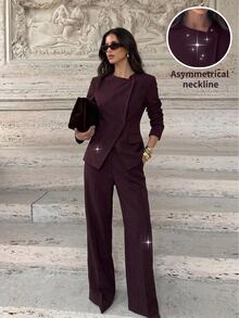 Firerie Women's Asymmetric Lapel Waist-Cinching Blazer Jacket, High-End Slim Fit Professional Commuter Suit Top - Red Violet - View 1