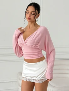 SHEIN Women's Pink Soft Sweet Style Deep V-Neck Ruched Design Slim Fit Short Sweater, Suitable For Date, Commute, Party, Casual Daily Wear - Pink - View 5