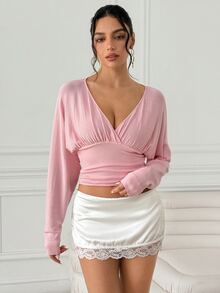 SHEIN Women's Pink Soft Sweet Style Deep V-Neck Ruched Design Slim Fit Short Sweater, Suitable For Date, Commute, Party, Casual Daily Wear - Pink - View 6