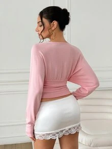 SHEIN Women's Pink Soft Sweet Style Deep V-Neck Ruched Design Slim Fit Short Sweater, Suitable For Date, Commute, Party, Casual Daily Wear - Pink - View 2