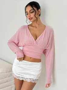SHEIN Women's Pink Soft Sweet Style Deep V-Neck Ruched Design Slim Fit Short Sweater, Suitable For Date, Commute, Party, Casual Daily Wear - Pink - View 7