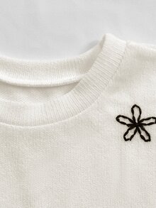 INAWLY Autumn/Winter Loose Casual Embroidered Floral Top - White - View 4