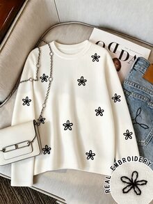INAWLY Autumn/Winter Loose Casual Embroidered Floral Top - White - View 3