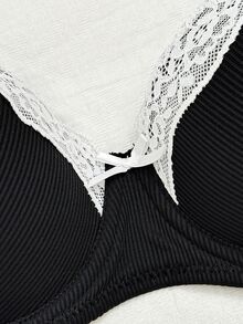Napfluff 1 Set Light Gray Lace Patchwork Women's Underwire Bra And Lace Patchwork Triangle Panty Set - Black - View 4
