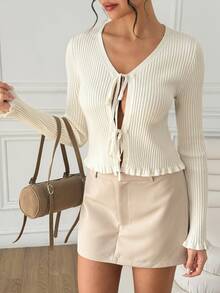 SHEIN Cardigan Rajut Wanita Warna Krem Putih Lembut dengan Detail Rumbai dan Hiasan Pita, Jaket Pendek Slim Fit Kasual Manis Gaya Prancis, Cocok untuk Perjalanan, Kencan, Liburan, dan Gaya Jalanan - Krem - View 4