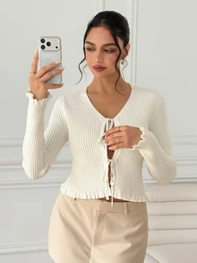 SHEIN Cardigan Rajut Wanita Warna Krem Putih Lembut dengan Detail Rumbai dan Hiasan Pita, Jaket Pendek Slim Fit Kasual Manis Gaya Prancis, Cocok untuk Perjalanan, Kencan, Liburan, dan Gaya Jalanan - Krem - View 3