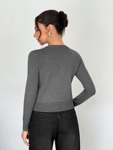SHEIN Women's Dark Grey Slim Fit Cropped Colorblock 2 In 1 V-Neck Cardigan, Minimalist Commuter Casual Style, Suitable For Office, Daily Outings, Date Fall - Grey - View 2