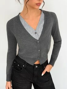 SHEIN Women's Dark Grey Slim Fit Cropped Colorblock 2 In 1 V-Neck Cardigan, Minimalist Commuter Casual Style, Suitable For Office, Daily Outings, Date Fall - Grey - View 5