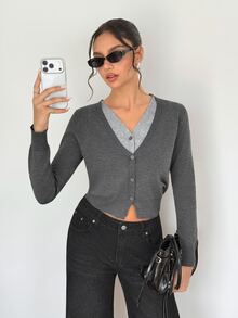SHEIN Women's Dark Grey Slim Fit Cropped Colorblock 2 In 1 V-Neck Cardigan, Minimalist Commuter Casual Style, Suitable For Office, Daily Outings, Date Fall - Grey - View 4