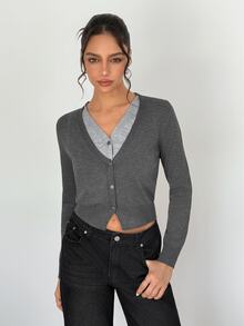 SHEIN Women's Dark Grey Slim Fit Cropped Colorblock 2 In 1 V-Neck Cardigan, Minimalist Commuter Casual Style, Suitable For Office, Daily Outings, Date Fall - Grey - View 3
