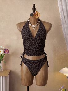 SHEIN Swim 女士两件套热带性感豹纹吊带系带比基尼套装，优雅度假沙滩休闲装，情人节礼物 - 彩色 - 查看 4