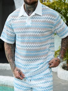 Manfinity CasualCool Men's Casual Fashion Striped Turn-Down Collar Loose Short Sleeve Shirt - Blue and White - View 3
