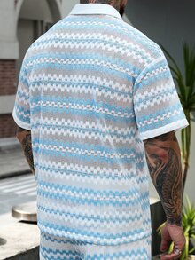 Manfinity CasualCool Men's Casual Fashion Striped Turn-Down Collar Loose Short Sleeve Shirt - Blue and White - View 5
