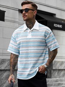 Manfinity CasualCool Men's Casual Fashion Striped Turn-Down Collar Loose Short Sleeve Shirt - Blue and White - View 1