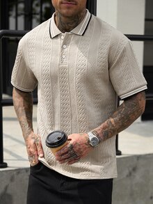 Manfinity CasualCool 男士不對稱紋理面料成熟休閒短袖 Polo 衫，送給男友的禮物，日常穿著 - 卡其色 - 查看 7