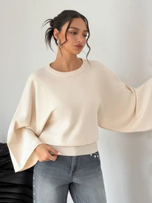 SHEIN Women's Off-White Lazy Elegant Commuter Style Autumn/Winter Pullover Loose Sweater, Daily Outings Brunch, Office, Dating And Casual Wear - Beige - View 6
