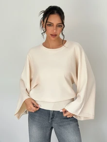 SHEIN Women's Off-White Lazy Elegant Commuter Style Autumn/Winter Pullover Loose Sweater, Daily Outings Brunch, Office, Dating And Casual Wear - Beige - View 4