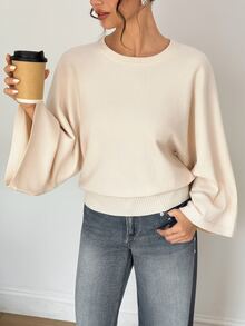 SHEIN Women's Off-White Lazy Elegant Commuter Style Autumn/Winter Pullover Loose Sweater, Daily Outings Brunch, Office, Dating And Casual Wear - Beige - View 3