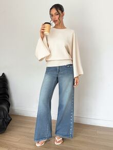 SHEIN Women's Off-White Lazy Elegant Commuter Style Autumn/Winter Pullover Loose Sweater, Daily Outings Brunch, Office, Dating And Casual Wear - Beige - View 1
