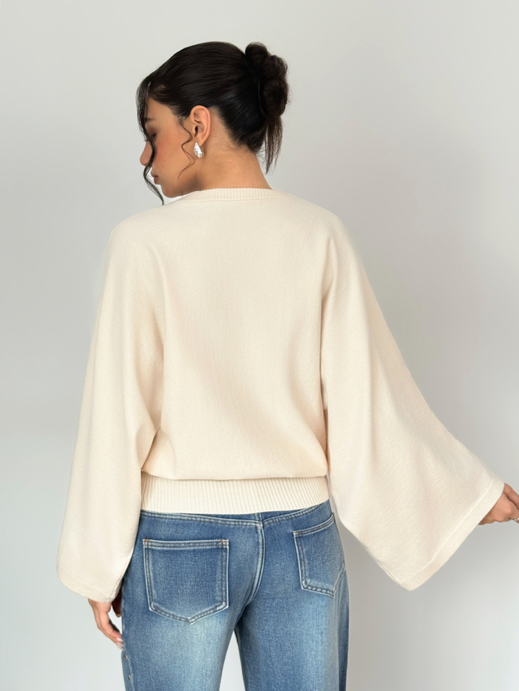 SHEIN 女款米白色慵懶優雅通勤風秋冬套頭寬鬆毛衣，適合日常外出、早午餐、辦公室、約會與休閒穿著 - 米色 - 查看 5