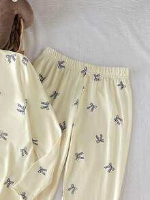 SHEIN 少女 2 件組蝴蝶結圓領長袖上衣與長褲套裝，柔軟舒適居家休閒睡衣套裝 - 黃色 - 查看 4