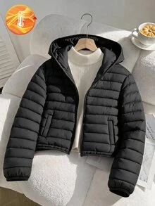 SHEIN 青少年女孩長袖抓絨輕量連帽休閒可愛街頭風寬鬆極簡百搭加厚外套，秋冬工作穿搭，黑色 - 黑色 - 查看 2