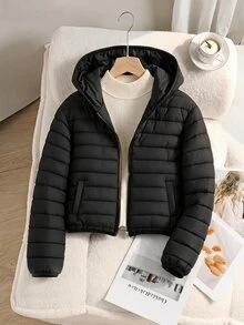 SHEIN 青少年女孩長袖抓絨輕量連帽休閒可愛街頭風寬鬆極簡百搭加厚外套，秋冬工作穿搭，黑色 - 黑色 - 查看 8