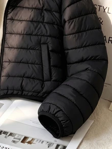 SHEIN 青少年女孩長袖抓絨輕量連帽休閒可愛街頭風寬鬆極簡百搭加厚外套，秋冬工作穿搭，黑色 - 黑色 - 查看 9