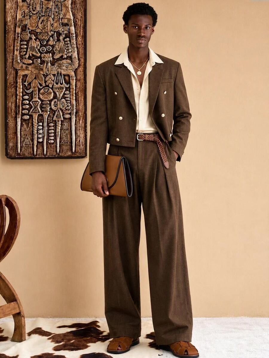 Vientiro Men's Solid Color Double, Breasted Long Sleeve Blazer And Pants Suit Set, Versatile Comfortable For Daily Wear, Parties, Gatherings And Dates, Tuxedo 2 Piece Suit Set, Casual Suit Set, Formal Suit Set - Coffee Brown - View 1
