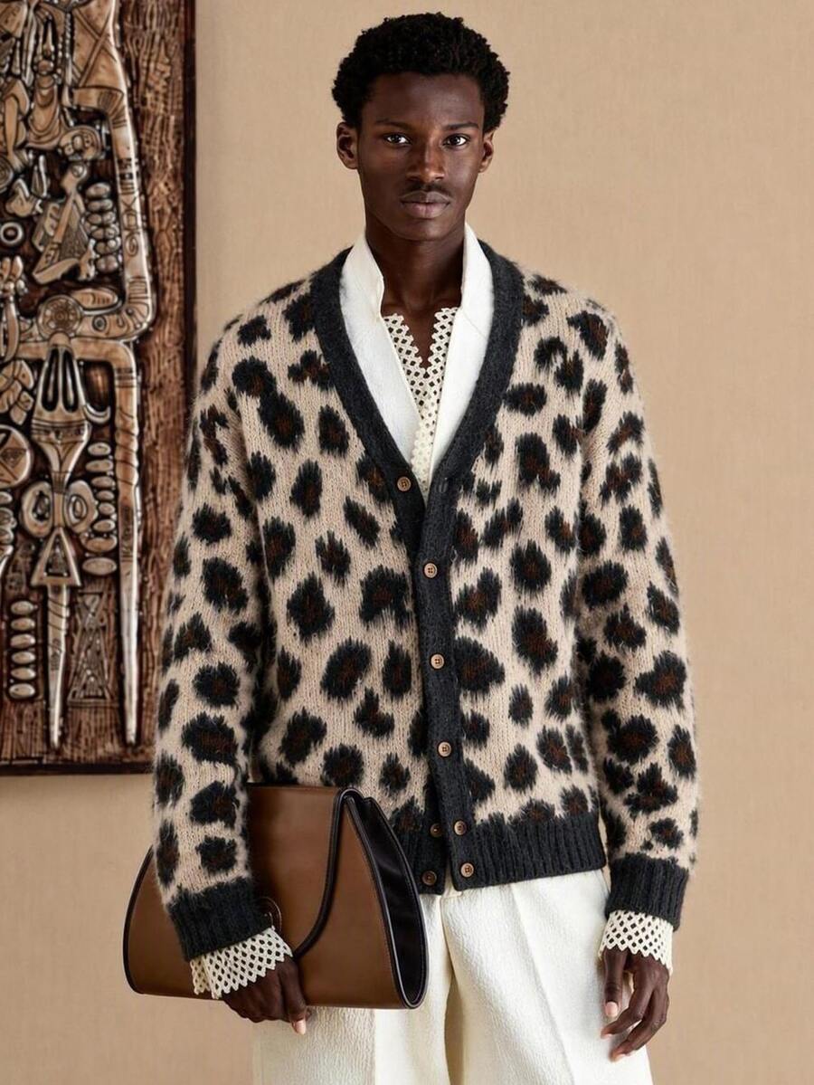 AKNOTIC Men's Leopard Print Casual Versatile Daily Wear Long Sleeve Sweater Halloween Winter Party Autumn - Apricot - View 1