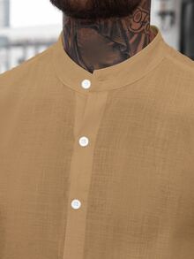 Manfinity CasualCool Men's Solid Color Stand Collar Button Front Casual Long Sleeve Shirt - Camel - View 6